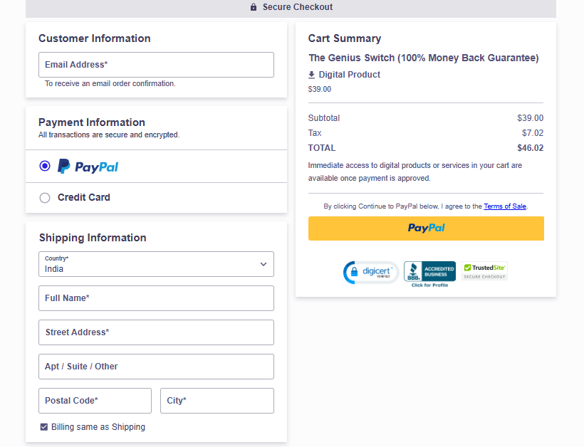 The Genius Switch checkout page screenshot